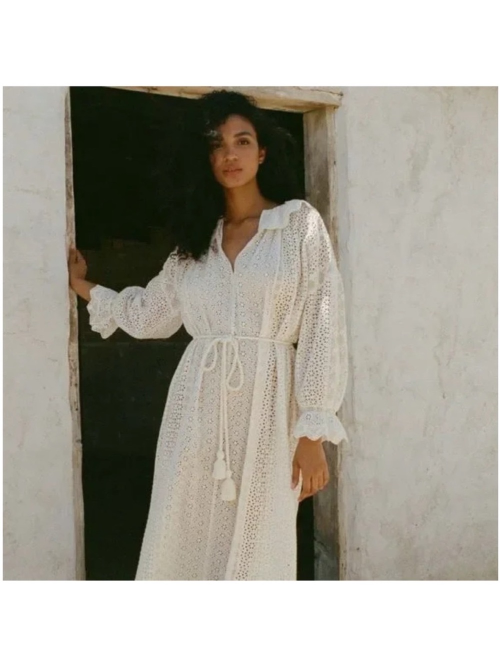 Doen Persephone Cream Eyelet Midi Dress with Tassel Belt in Magnolia NWT sz XXS